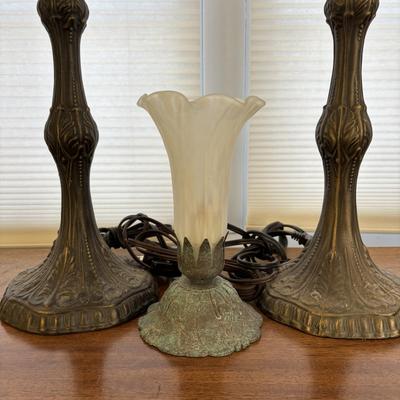 LOT 84: Frosted White Trumpet Tulip Accent Lamp & a Pair of Matching Metal Lamp Bases