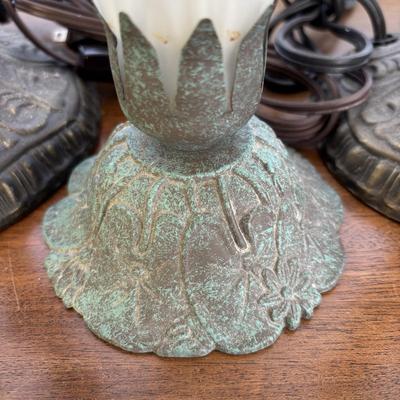 LOT 84: Frosted White Trumpet Tulip Accent Lamp & a Pair of Matching Metal Lamp Bases