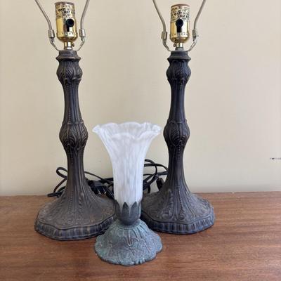LOT 84: Frosted White Trumpet Tulip Accent Lamp & a Pair of Matching Metal Lamp Bases