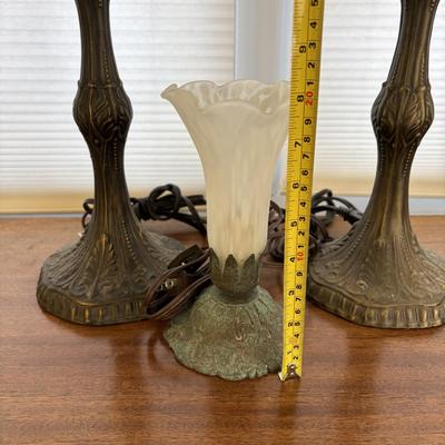 LOT 84: Frosted White Trumpet Tulip Accent Lamp & a Pair of Matching Metal Lamp Bases