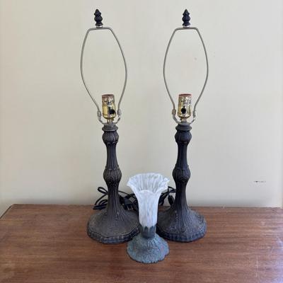 LOT 84: Frosted White Trumpet Tulip Accent Lamp & a Pair of Matching Metal Lamp Bases