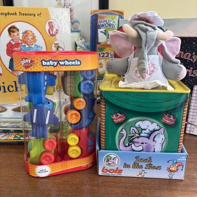 LOT 89: Sweet Children's Collection: Elephant Lamp, Bank, Jack in the Box Elephant, Wood Bloc Puzzles, Books including Treasury of...