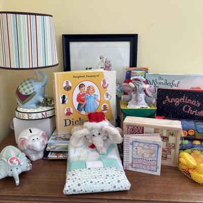 LOT 89: Sweet Children's Collection: Elephant Lamp, Bank, Jack in the Box Elephant, Wood Bloc Puzzles, Books including Treasury of...