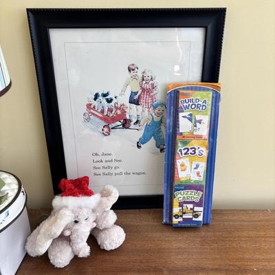 LOT 89: Sweet Children's Collection: Elephant Lamp, Bank, Jack in the Box Elephant, Wood Bloc Puzzles, Books including Treasury of...