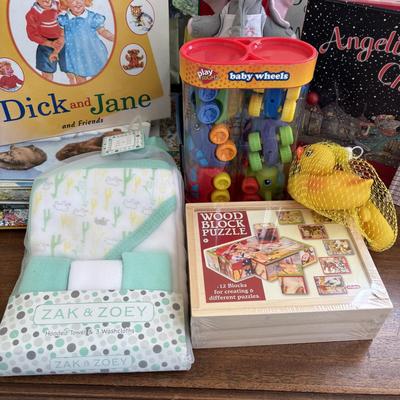 LOT 89: Sweet Children's Collection: Elephant Lamp, Bank, Jack in the Box Elephant, Wood Bloc Puzzles, Books including Treasury of...