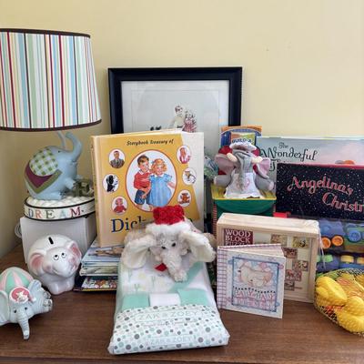 LOT 89: Sweet Children's Collection: Elephant Lamp, Bank, Jack in the Box Elephant, Wood Bloc Puzzles, Books including Treasury of...