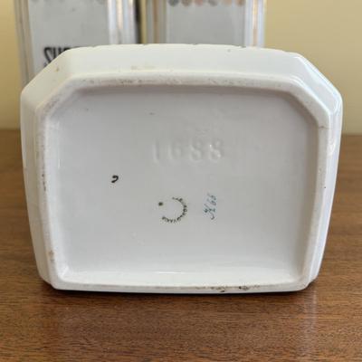 LOT 90: Vintage Porcelain Wall Mounted Salt Cellar & Flour Canister, Sugar & Rice Canisters (missing lid), Allspice & Pepper...