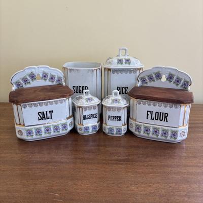 LOT 90: Vintage Porcelain Wall Mounted Salt Cellar & Flour Canister, Sugar & Rice Canisters (missing lid), Allspice & Pepper...