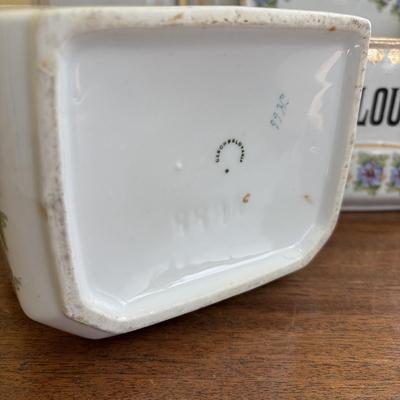 LOT 90: Vintage Porcelain Wall Mounted Salt Cellar & Flour Canister, Sugar & Rice Canisters (missing lid), Allspice & Pepper...