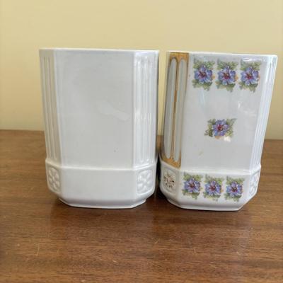 LOT 90: Vintage Porcelain Wall Mounted Salt Cellar & Flour Canister, Sugar & Rice Canisters (missing lid), Allspice & Pepper...