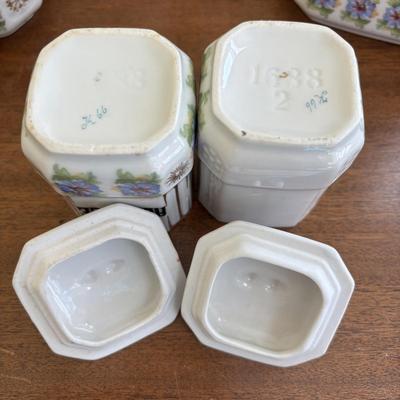 LOT 90: Vintage Porcelain Wall Mounted Salt Cellar & Flour Canister, Sugar & Rice Canisters (missing lid), Allspice & Pepper...