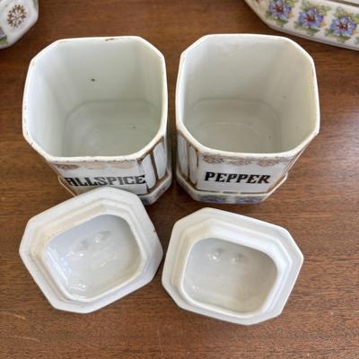 LOT 90: Vintage Porcelain Wall Mounted Salt Cellar & Flour Canister, Sugar & Rice Canisters (missing lid), Allspice & Pepper...
