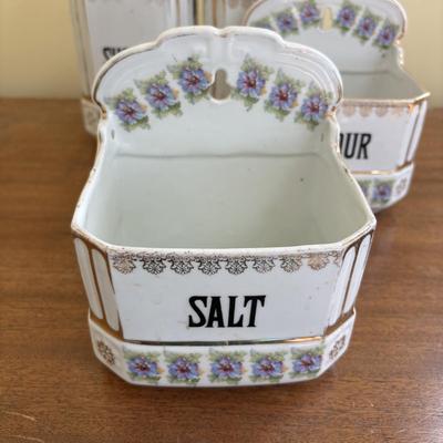 LOT 90: Vintage Porcelain Wall Mounted Salt Cellar & Flour Canister, Sugar & Rice Canisters (missing lid), Allspice & Pepper...