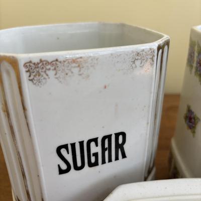 LOT 90: Vintage Porcelain Wall Mounted Salt Cellar & Flour Canister, Sugar & Rice Canisters (missing lid), Allspice & Pepper...