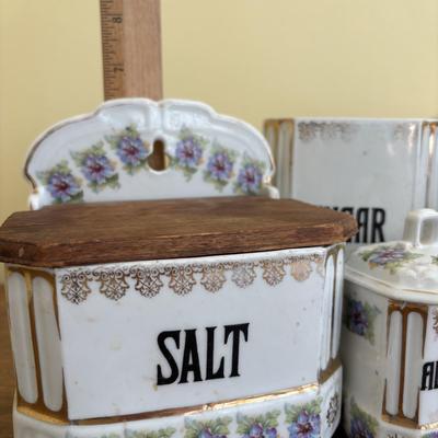 LOT 90: Vintage Porcelain Wall Mounted Salt Cellar & Flour Canister, Sugar & Rice Canisters (missing lid), Allspice & Pepper...