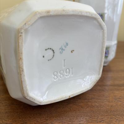 LOT 90: Vintage Porcelain Wall Mounted Salt Cellar & Flour Canister, Sugar & Rice Canisters (missing lid), Allspice & Pepper...