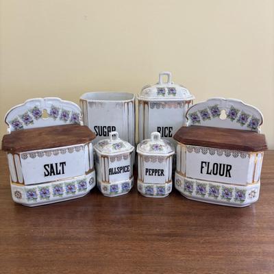 LOT 90: Vintage Porcelain Wall Mounted Salt Cellar & Flour Canister, Sugar & Rice Canisters (missing lid), Allspice & Pepper...