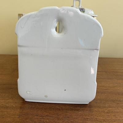 LOT 90: Vintage Porcelain Wall Mounted Salt Cellar & Flour Canister, Sugar & Rice Canisters (missing lid), Allspice & Pepper...