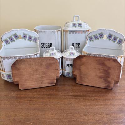 LOT 90: Vintage Porcelain Wall Mounted Salt Cellar & Flour Canister, Sugar & Rice Canisters (missing lid), Allspice & Pepper...