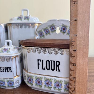 LOT 90: Vintage Porcelain Wall Mounted Salt Cellar & Flour Canister, Sugar & Rice Canisters (missing lid), Allspice & Pepper...