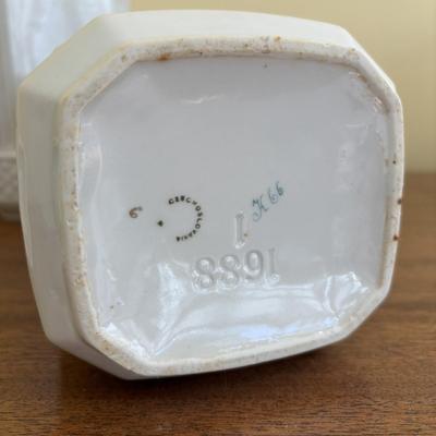 LOT 90: Vintage Porcelain Wall Mounted Salt Cellar & Flour Canister, Sugar & Rice Canisters (missing lid), Allspice & Pepper...