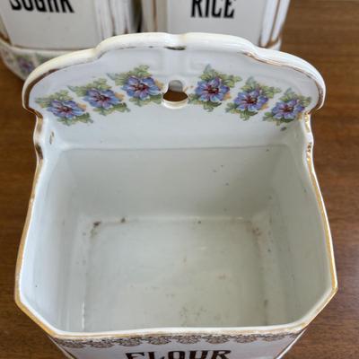 LOT 90: Vintage Porcelain Wall Mounted Salt Cellar & Flour Canister, Sugar & Rice Canisters (missing lid), Allspice & Pepper...