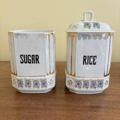 LOT 90: Vintage Porcelain Wall Mounted Salt Cellar & Flour Canister, Sugar & Rice Canisters (missing lid), Allspice & Pepper...
