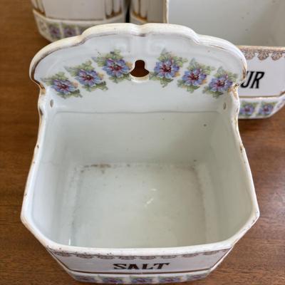 LOT 90: Vintage Porcelain Wall Mounted Salt Cellar & Flour Canister, Sugar & Rice Canisters (missing lid), Allspice & Pepper...