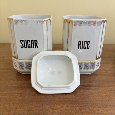 LOT 90: Vintage Porcelain Wall Mounted Salt Cellar & Flour Canister, Sugar & Rice Canisters (missing lid), Allspice & Pepper...