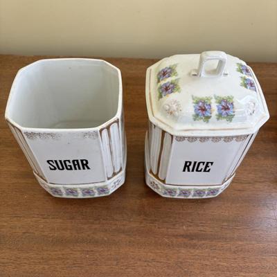 LOT 90: Vintage Porcelain Wall Mounted Salt Cellar & Flour Canister, Sugar & Rice Canisters (missing lid), Allspice & Pepper...