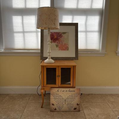 LOT 92: Home Decor Collection: Accent Table w/Storage, Shabby Chic Lamp, Floral Wall Art, Inspirational Butterfly Wall Art