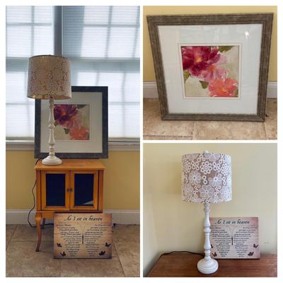 LOT 92: Home Decor Collection: Accent Table w/Storage, Shabby Chic Lamp, Floral Wall Art, Inspirational Butterfly Wall Art