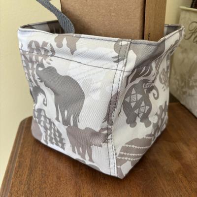 LOT 101: Bath Time Home Decor & More: Elephant Figures, Wall Art, Square Metal Storage Bin, Thirty-One Mini Caddy