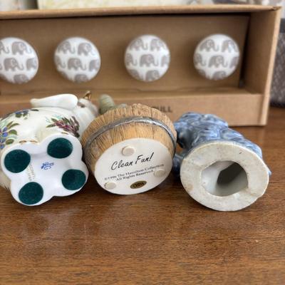 LOT 101: Bath Time Home Decor & More: Elephant Figures, Wall Art, Square Metal Storage Bin, Thirty-One Mini Caddy