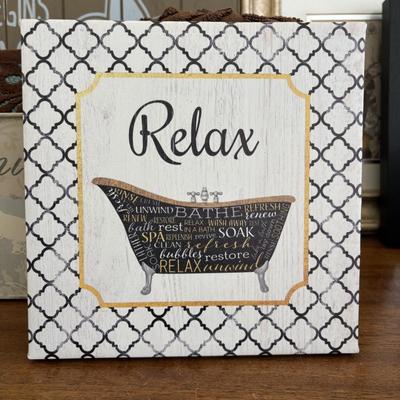 LOT 101: Bath Time Home Decor & More: Elephant Figures, Wall Art, Square Metal Storage Bin, Thirty-One Mini Caddy