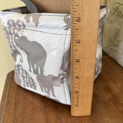 LOT 101: Bath Time Home Decor & More: Elephant Figures, Wall Art, Square Metal Storage Bin, Thirty-One Mini Caddy