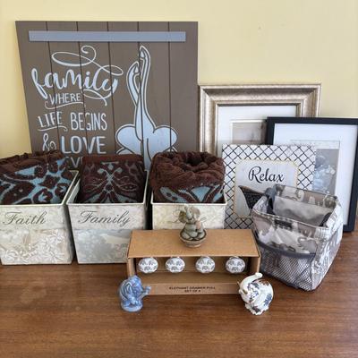 LOT 101: Bath Time Home Decor & More: Elephant Figures, Wall Art, Square Metal Storage Bin, Thirty-One Mini Caddy