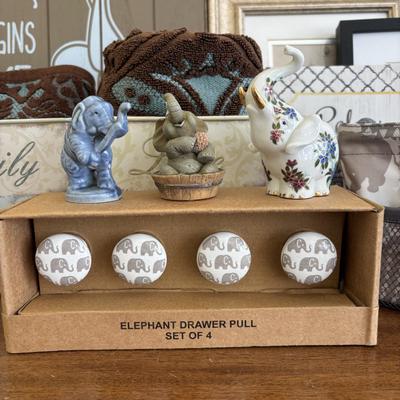 LOT 101: Bath Time Home Decor & More: Elephant Figures, Wall Art, Square Metal Storage Bin, Thirty-One Mini Caddy