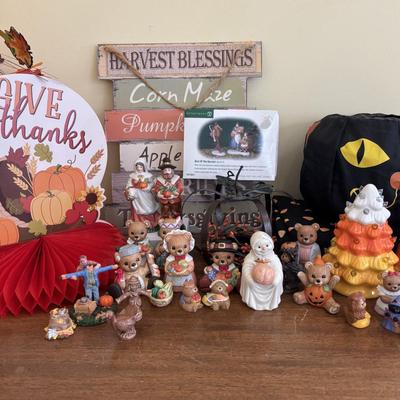 LOT 102: Harvest Blessings & More Collection: Dept 56 Best of the Harvest Figures, Lenox Ghost, Turkey & Scarecrow Wade Whimsies,...