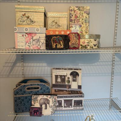 LOT 105: Home Decor Storage Boxes in Various Sizes & Shapes, DSW Foldable Trunk Organizer & More