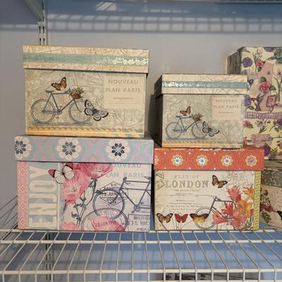 LOT 105: Home Decor Storage Boxes in Various Sizes & Shapes, DSW Foldable Trunk Organizer & More