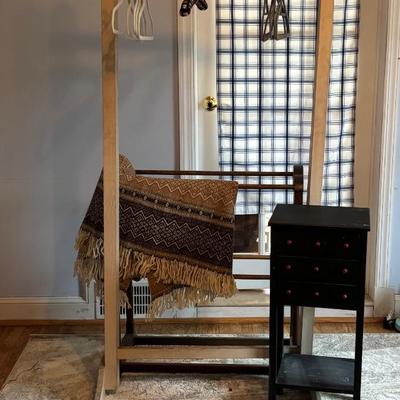 LOT 106: Small Accent Table, Wooden Quilt Rack, Wooden Clothing Rack, Wool Throw Blanket