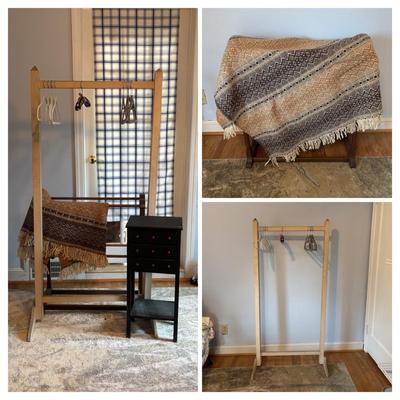 LOT 106: Small Accent Table, Wooden Quilt Rack, Wooden Clothing Rack, Wool Throw Blanket