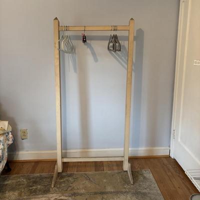 LOT 106: Small Accent Table, Wooden Quilt Rack, Wooden Clothing Rack, Wool Throw Blanket