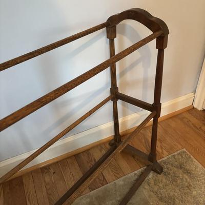 LOT 106: Small Accent Table, Wooden Quilt Rack, Wooden Clothing Rack, Wool Throw Blanket