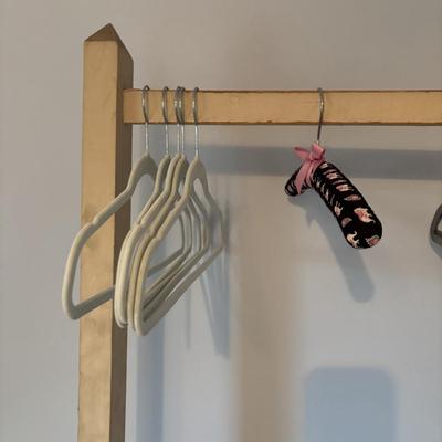 LOT 106: Small Accent Table, Wooden Quilt Rack, Wooden Clothing Rack, Wool Throw Blanket