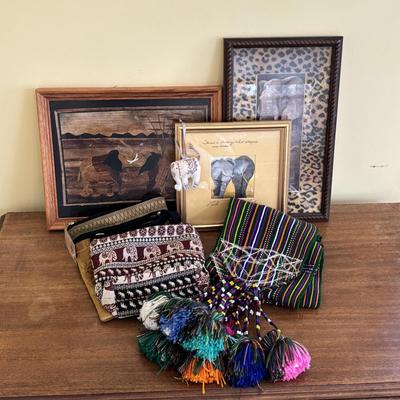 LOT 108: Natural Banana Leaf Fiber Art, Besty Fowler "Pals" Elephant Painting, Elephant Cross Body Bags, Woven Textile w/Large...