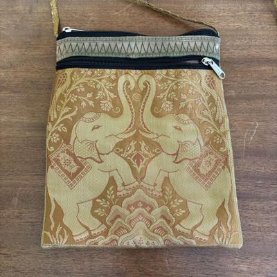 LOT 108: Natural Banana Leaf Fiber Art, Besty Fowler "Pals" Elephant Painting, Elephant Cross Body Bags, Woven Textile w/Large...