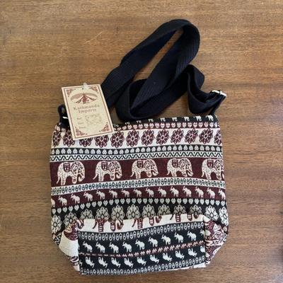 LOT 108: Natural Banana Leaf Fiber Art, Besty Fowler "Pals" Elephant Painting, Elephant Cross Body Bags, Woven Textile w/Large...