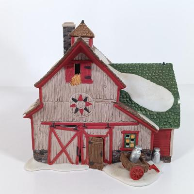 LOT 115: Department 56 Crooked Fence Cottage, Harper's Farm and Elf Bunk House with Dickens Keepsake Inn